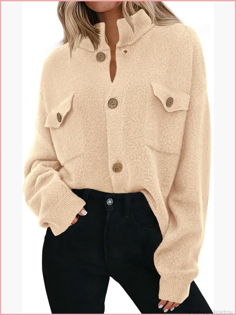 Chunky Knit Cardigan Sweater Mock Neck Button Down Long Sleeve Loose Fit Jacket